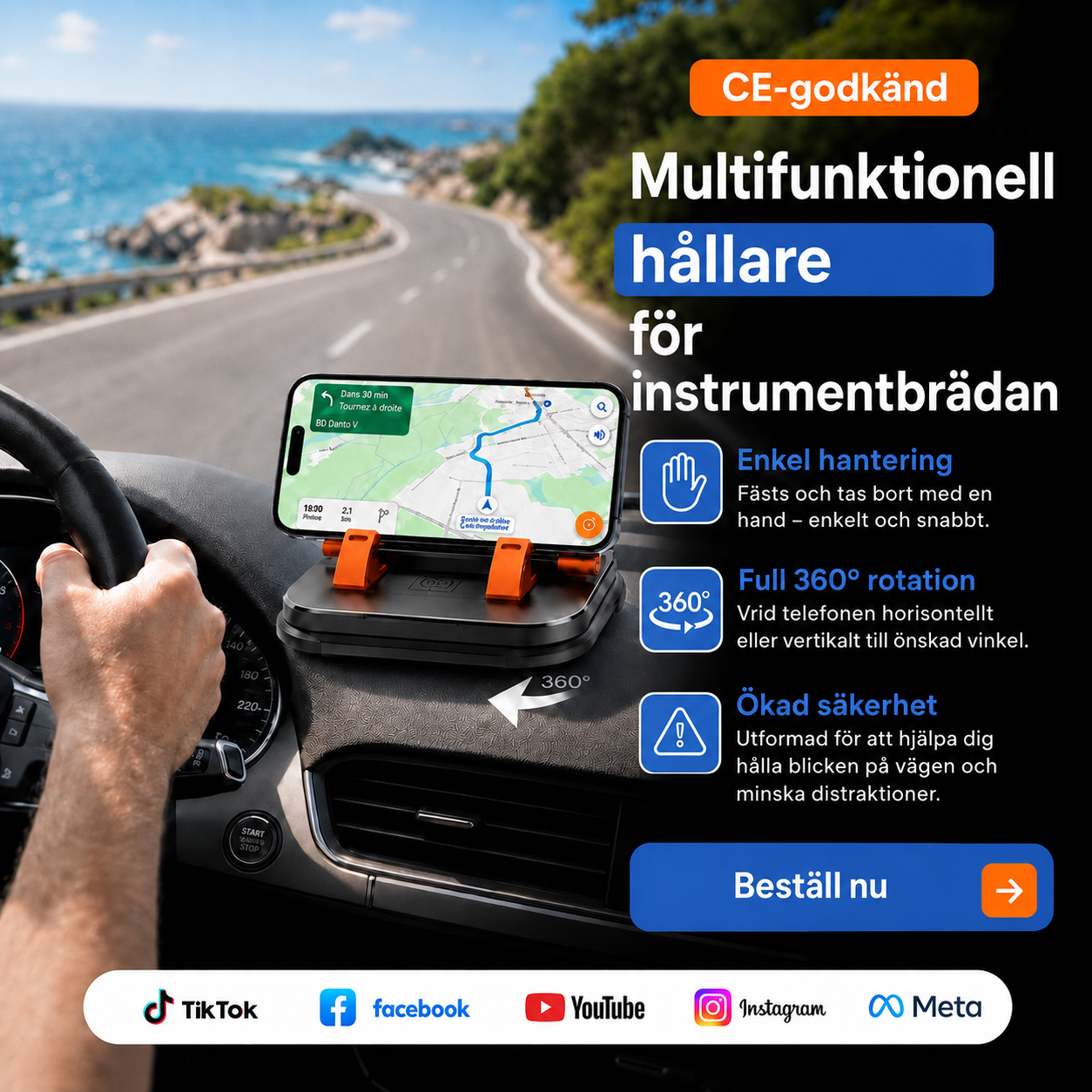 Mobiltelefonhållare Bilinstrumentbräda Automatisk låsning 360 graders rotation Halkfri Svart